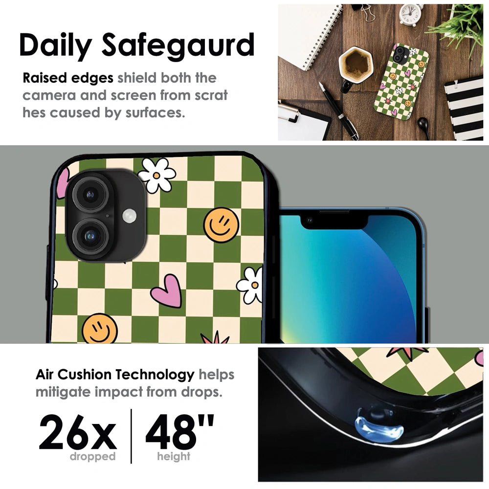 Checkerboard Smile Daisy Heart - Glossy Metal Silicone Case For Apple iPhone Infographic