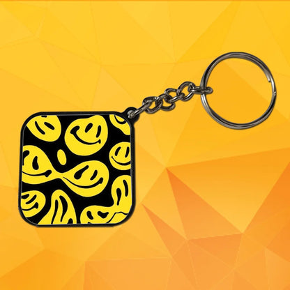 Abstract Yellow Smile Faces on Black - Keychain With Black Border (Pack Of 2)