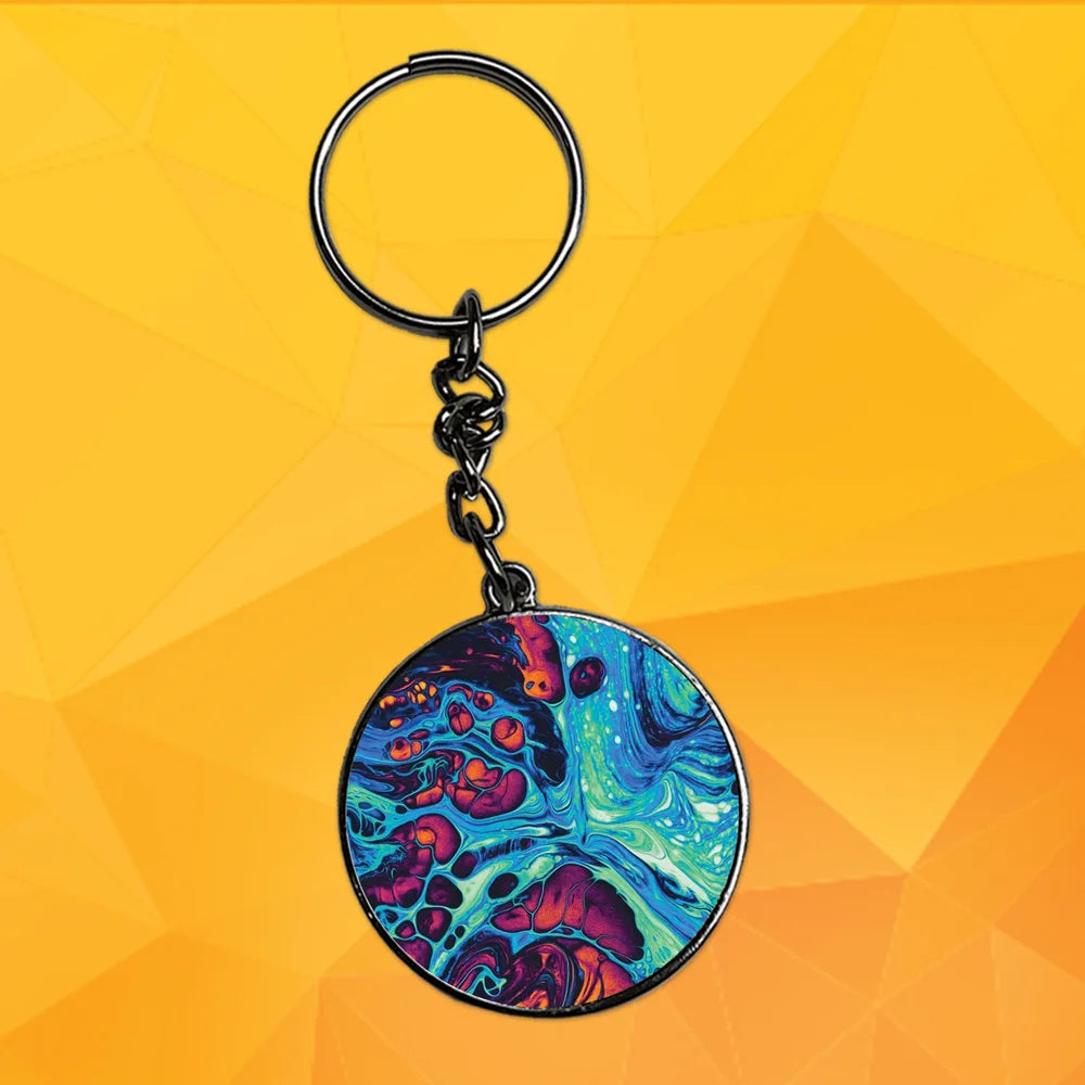 Blue And Orange Swirl - Keychain With Silver Border (Pack Of 2)