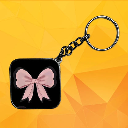 Pink bow - Keychain With Silver Border (Pack Of 2)