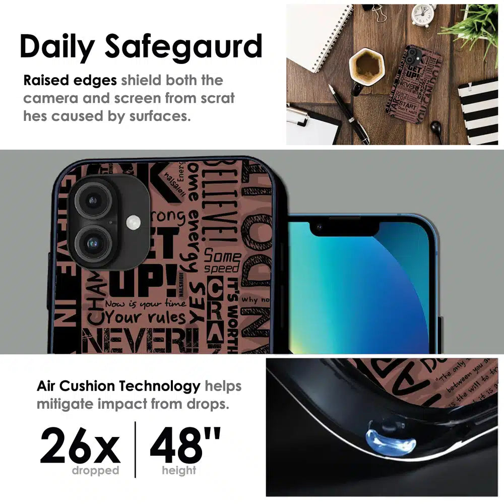 Never Give Up Typography - Glossy Metal Silicone Case For Apple iPhone Infographic