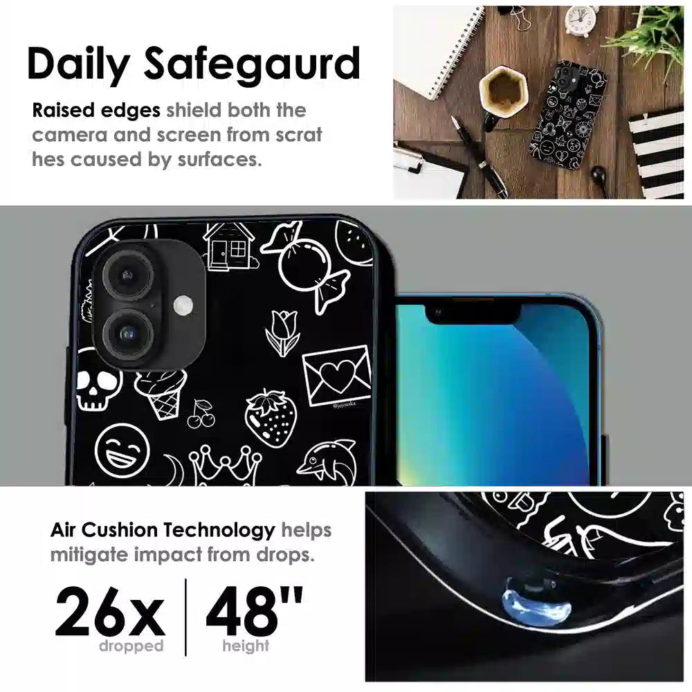 Black Doodle Icons Pattern - Glossy Metal Silicone Case For Apple iPhone Infographic