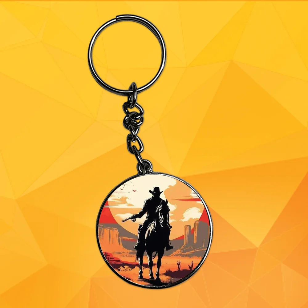 Cowboy and Horse - Keychain With Silver Border (Pack Of 2)