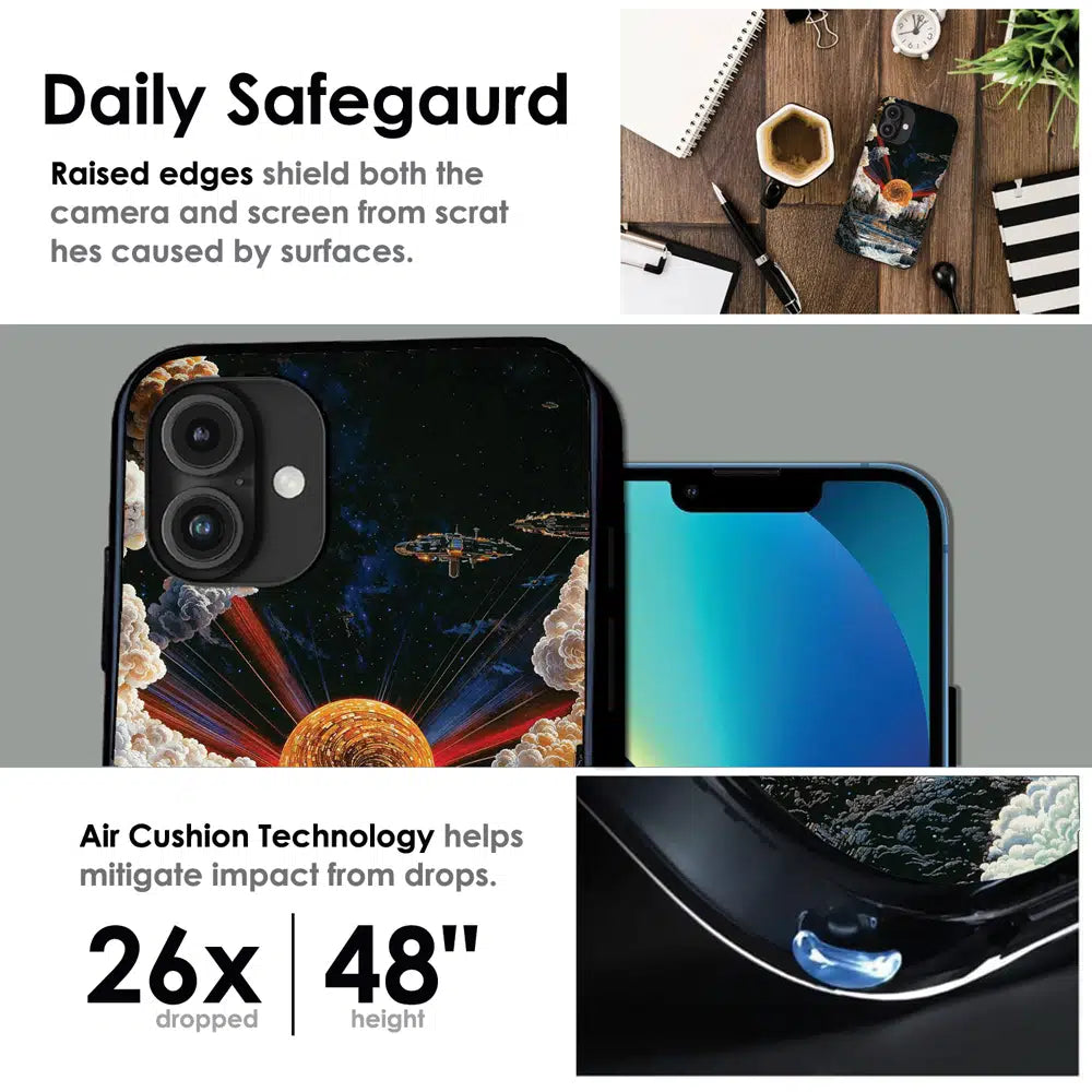 Cosmic Fantasy Sun Landscape - Glossy Metal Silicone Case For Apple iPhone Infographic