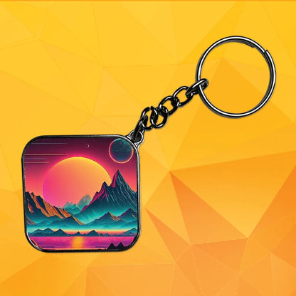 Sunset At The Mountains - Keychain With Silver Border (Pack Of 2)