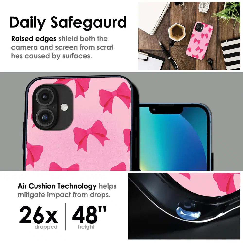 Pink Bow Aesthetic Pattern - Glossy Metal Silicone Case For Apple iPhone Infographic