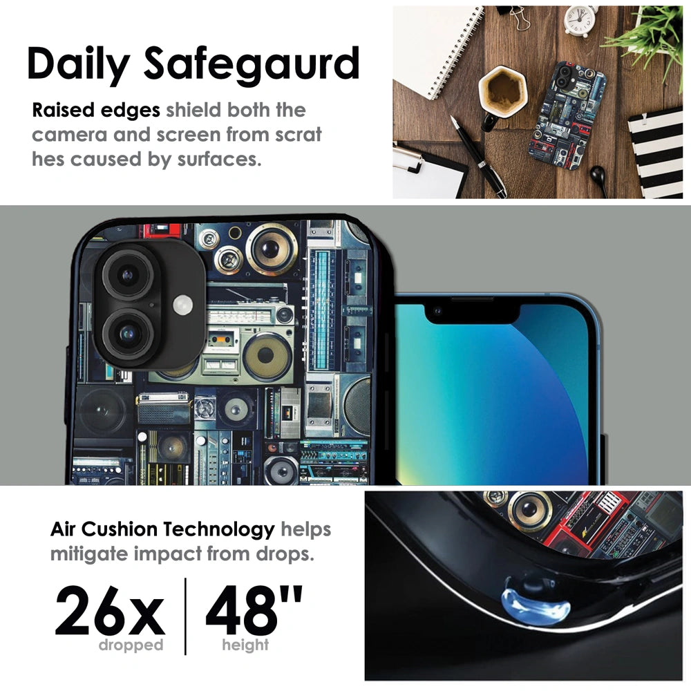 Retro Boombox Music Pattern - Glossy Metal Silicone Case For Apple iPhone Infographic