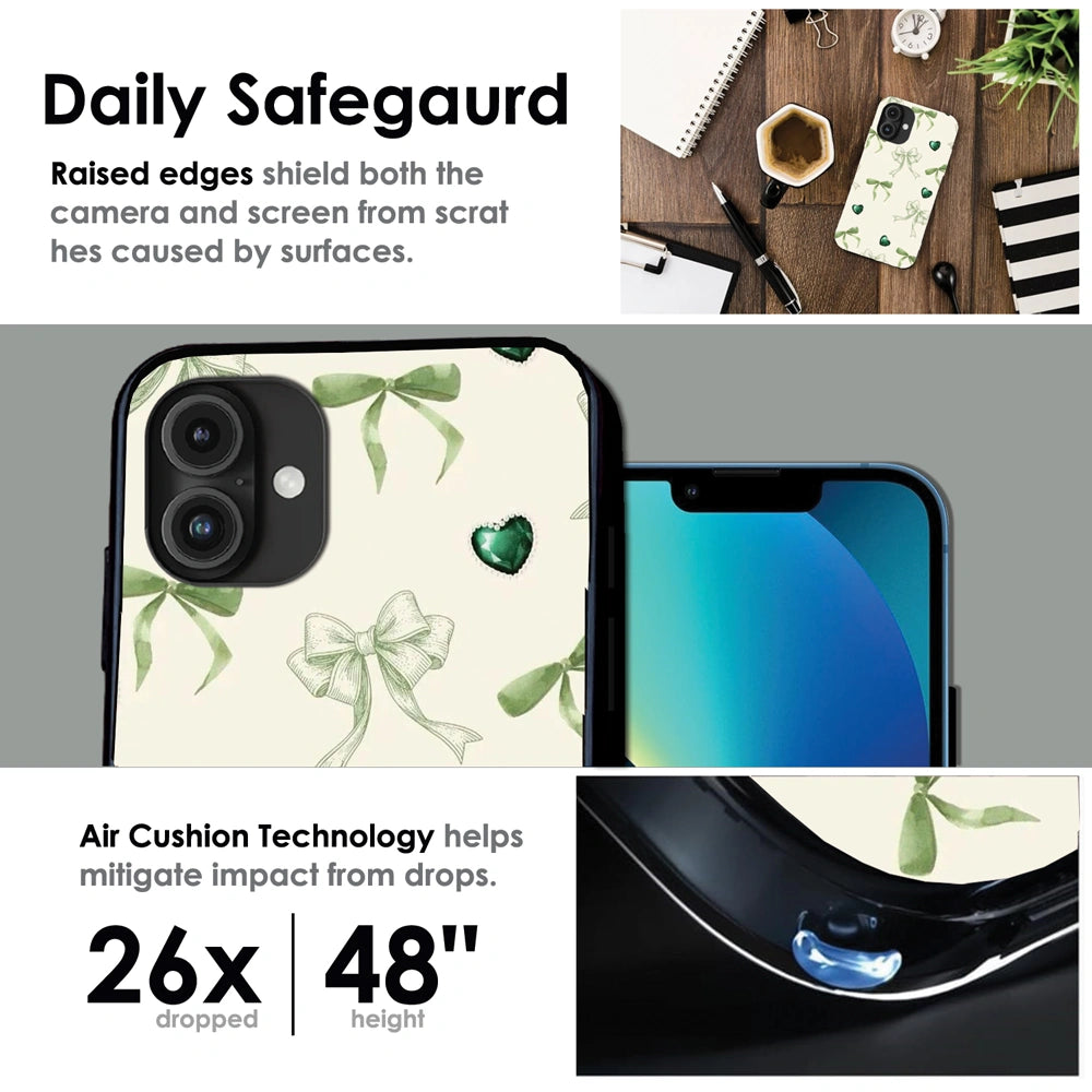 Elegant Green Bow & Heart Pattern - Glossy Metal Silicone Case For Apple iPhone Infographic