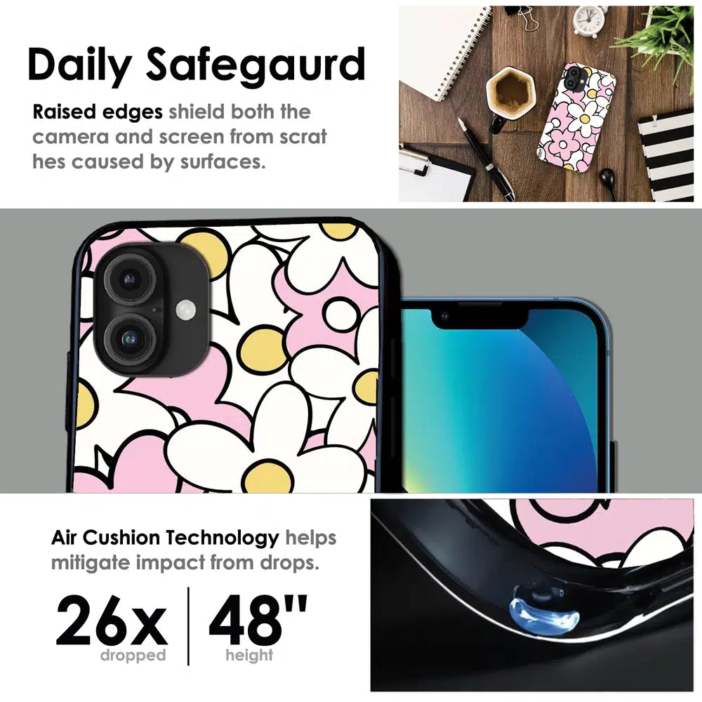 Pink Daisy Floral Pop - Glossy Metal Silicone Case For Apple iPhone Infographic