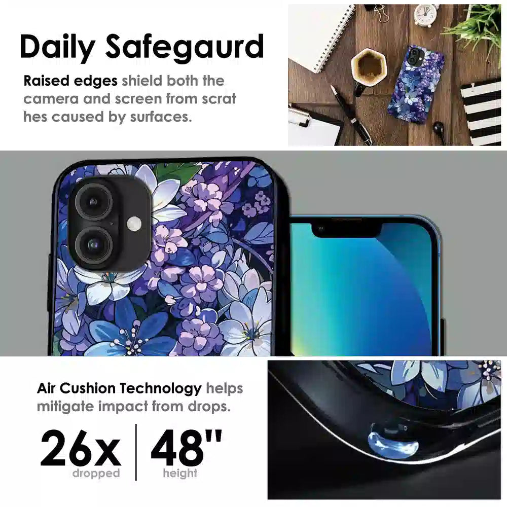 Midnight Blue Floral Garden - Glossy Metal Silicone Case For Apple iPhone Infographic