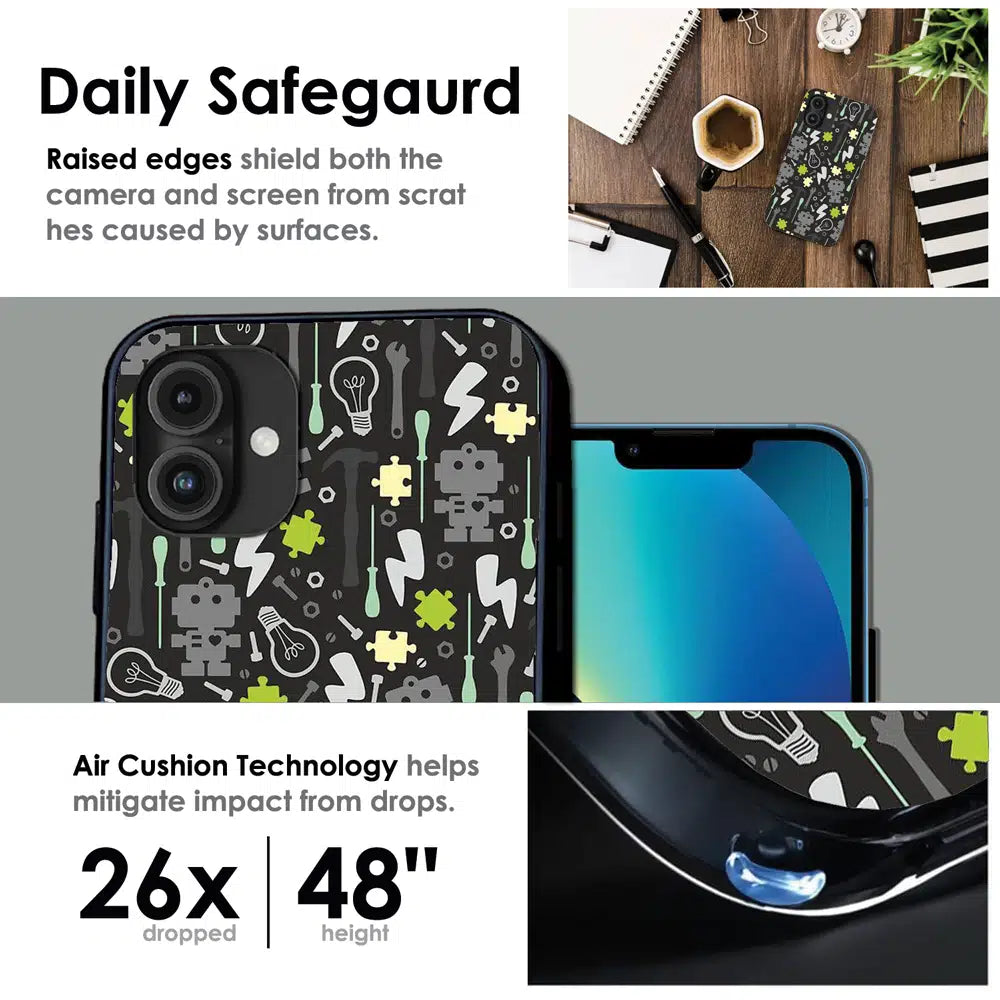 Robot Tools Pattern - Glossy Metal Silicone Case For Apple iPhone Infographic