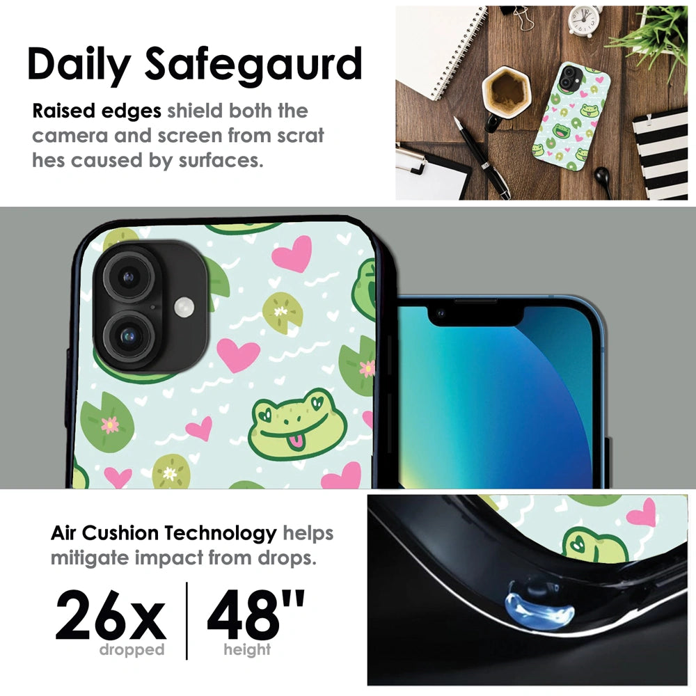 Cute Frog & Heart Pattern - Glossy Metal Silicone Case For Apple iPhone Infographic