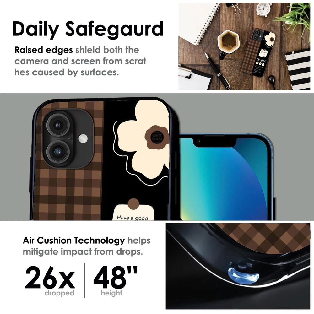 Brown Checkered Flower Quote - Glossy Metal Silicone Case For Apple iPhone Infographic