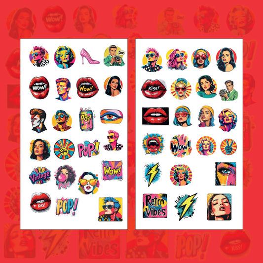 Pop Art Diva waterproof vinyl sticker sheet – full pack layout
