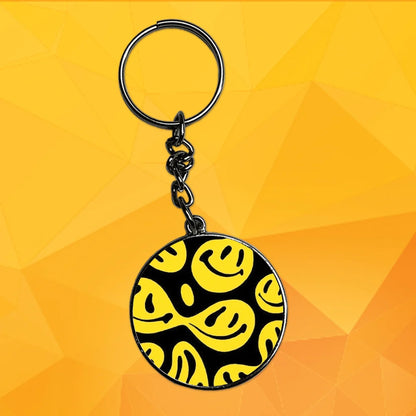 Abstract Yellow Smile Faces on Black - Keychain With Silver Border (Pack Of 2)