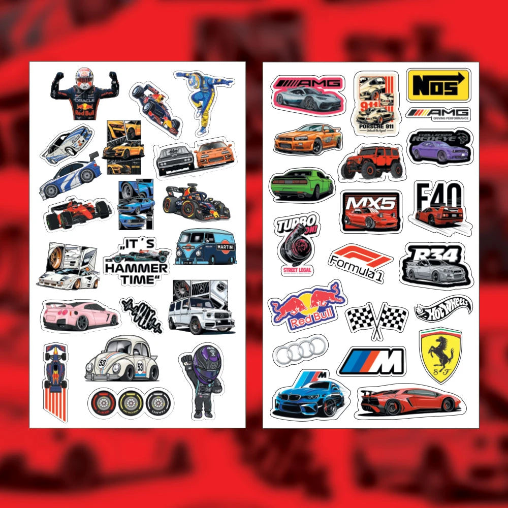 Car Racing Stickers Pack – 40 Supercar Waterproof Stickers