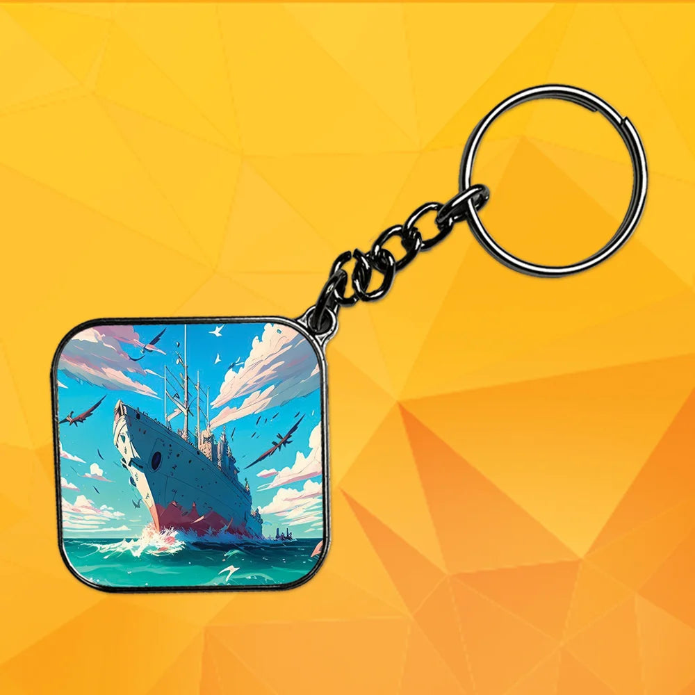 Ship And Birds - Keychain With Silver Border (Pack Of 2)