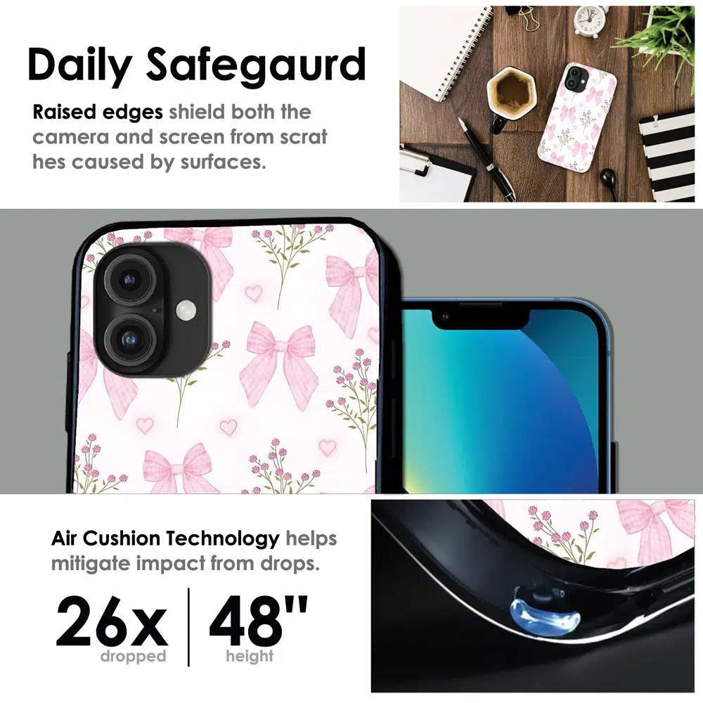 Pink Bow Floral Pattern - Glossy Metal Silicone Case For Apple iPhone Infographic
