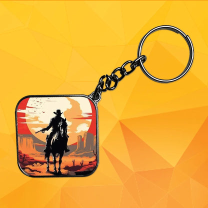 Cowboy and Horse - Keychain With Silver Border (Pack Of 2)