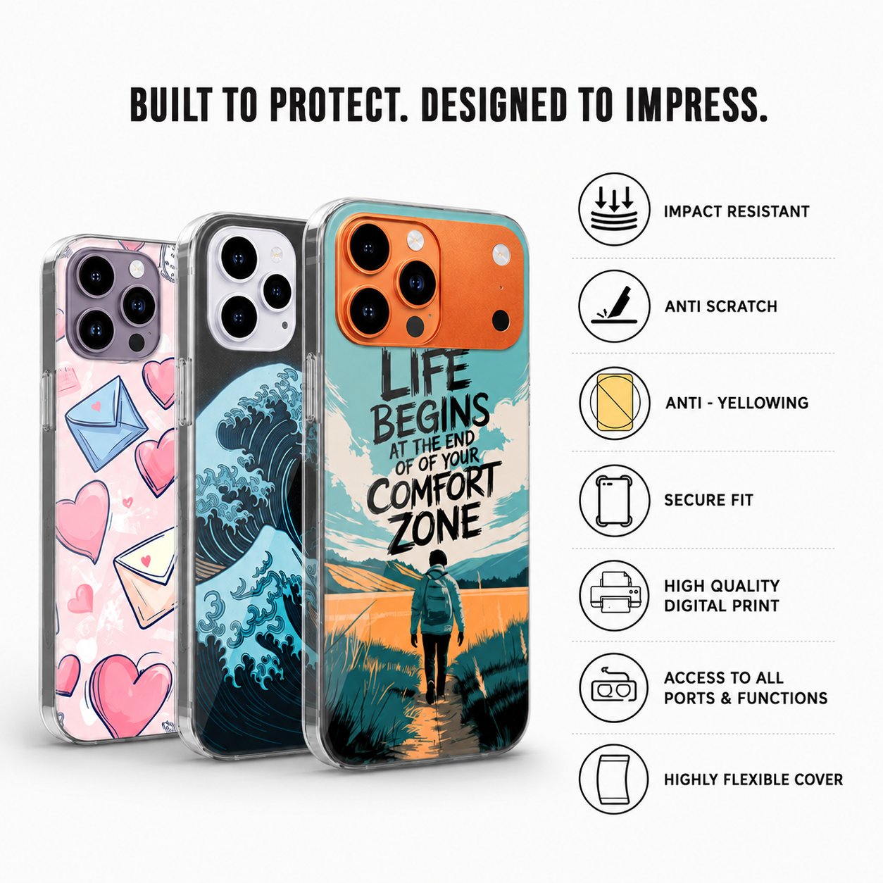 Printed silicone phone case collection showing anti-slip grip, precise cutouts, secure fit and durable protection features for Apple iPhone.