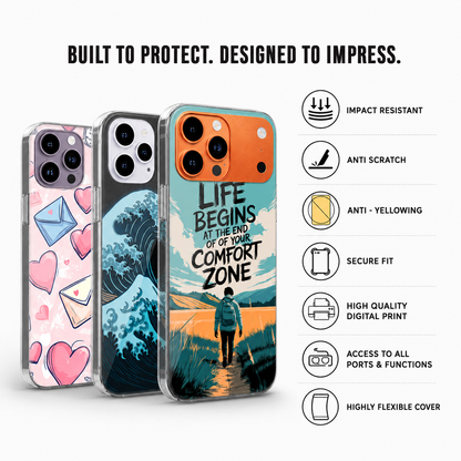 Printed silicone phone case collection showing anti-slip grip, precise cutouts, secure fit and durable protection features for Apple iPhone.
