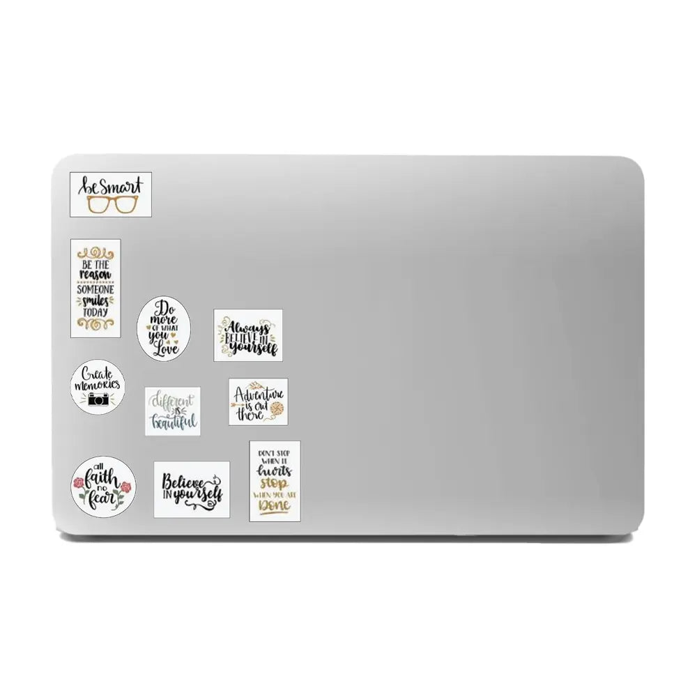 Happy Quotes Themed Stickers on laptop