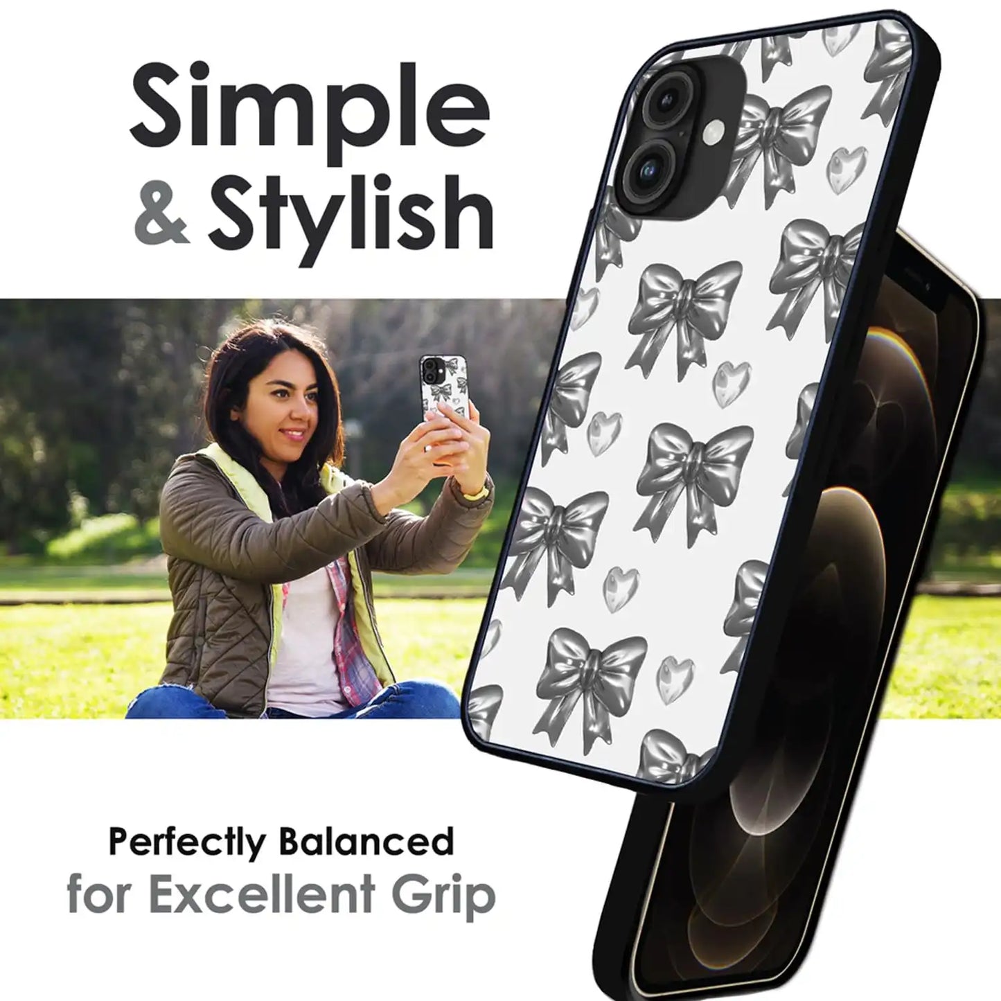 'Black Bows & Hearts - Glossy Metal Silicone Case For Apple iPhone Infographic