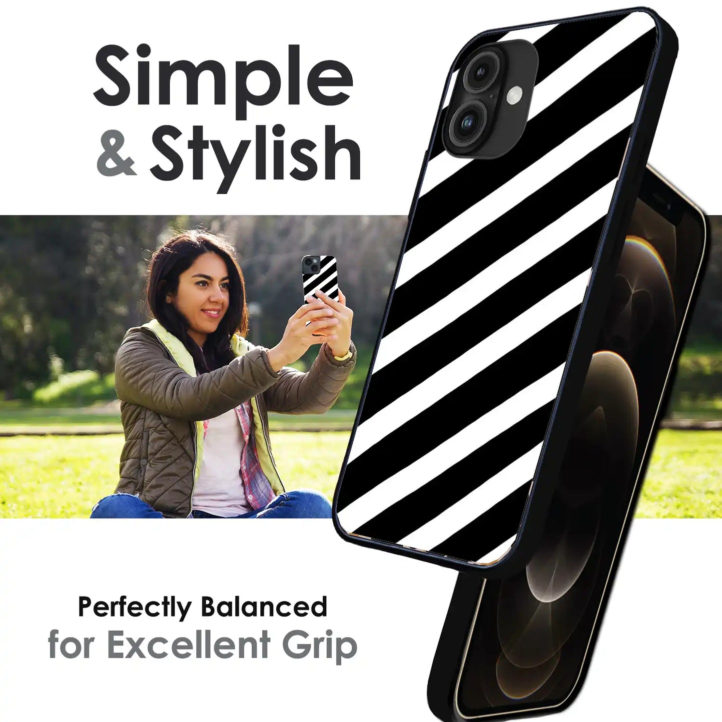 Monochrome Diagonal Stripe - Glossy Metal Silicone Case For Apple iPhone Infographic