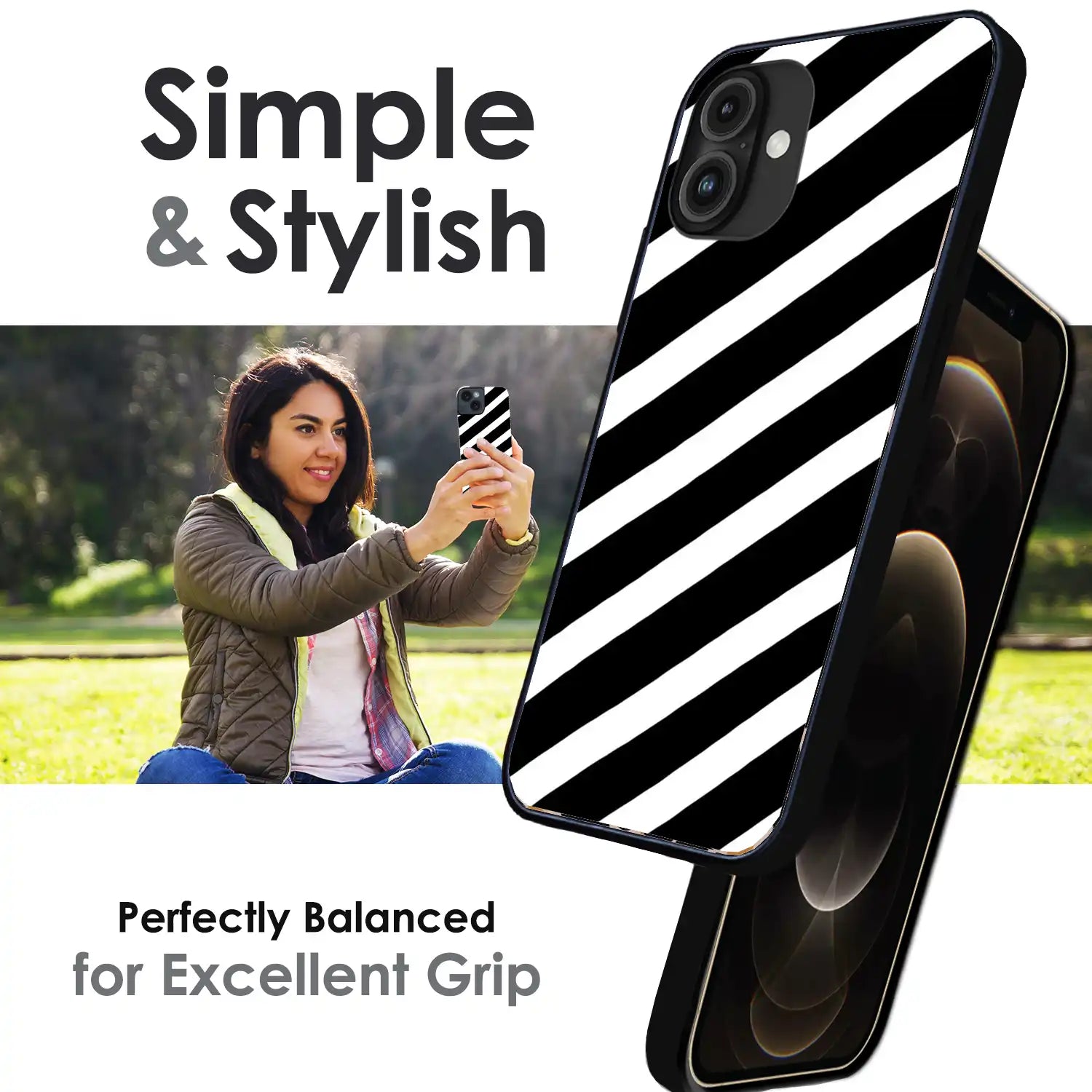 Monochrome Diagonal Stripe - Glossy Metal Silicone Case For Apple iPhone Infographic