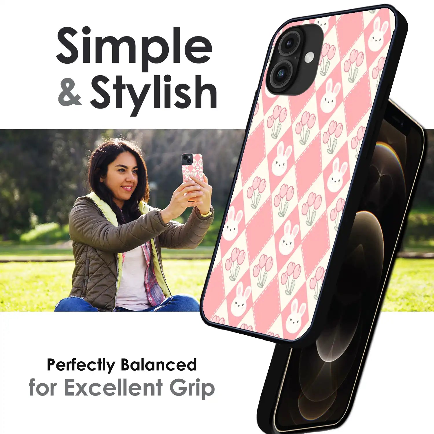 Pink Bunny Argyle - Glossy Metal Silicone Case For Apple iPhone Infographic