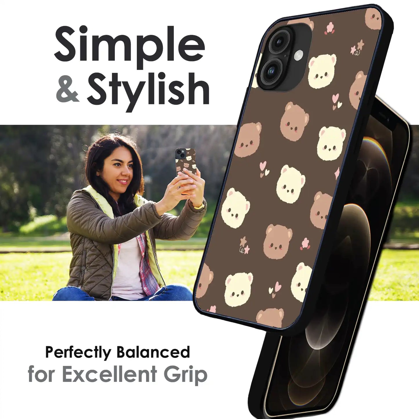 Cozy Bear Pattern - Glossy Metal Silicone Case For Apple iPhone Infographic