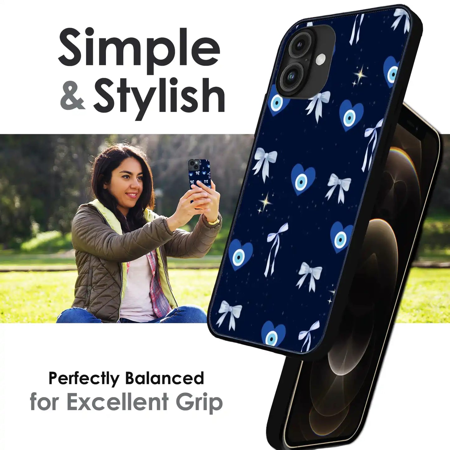Evil Eye Bow Midnight - Glossy Metal Silicone Case For Apple iPhone Infographic