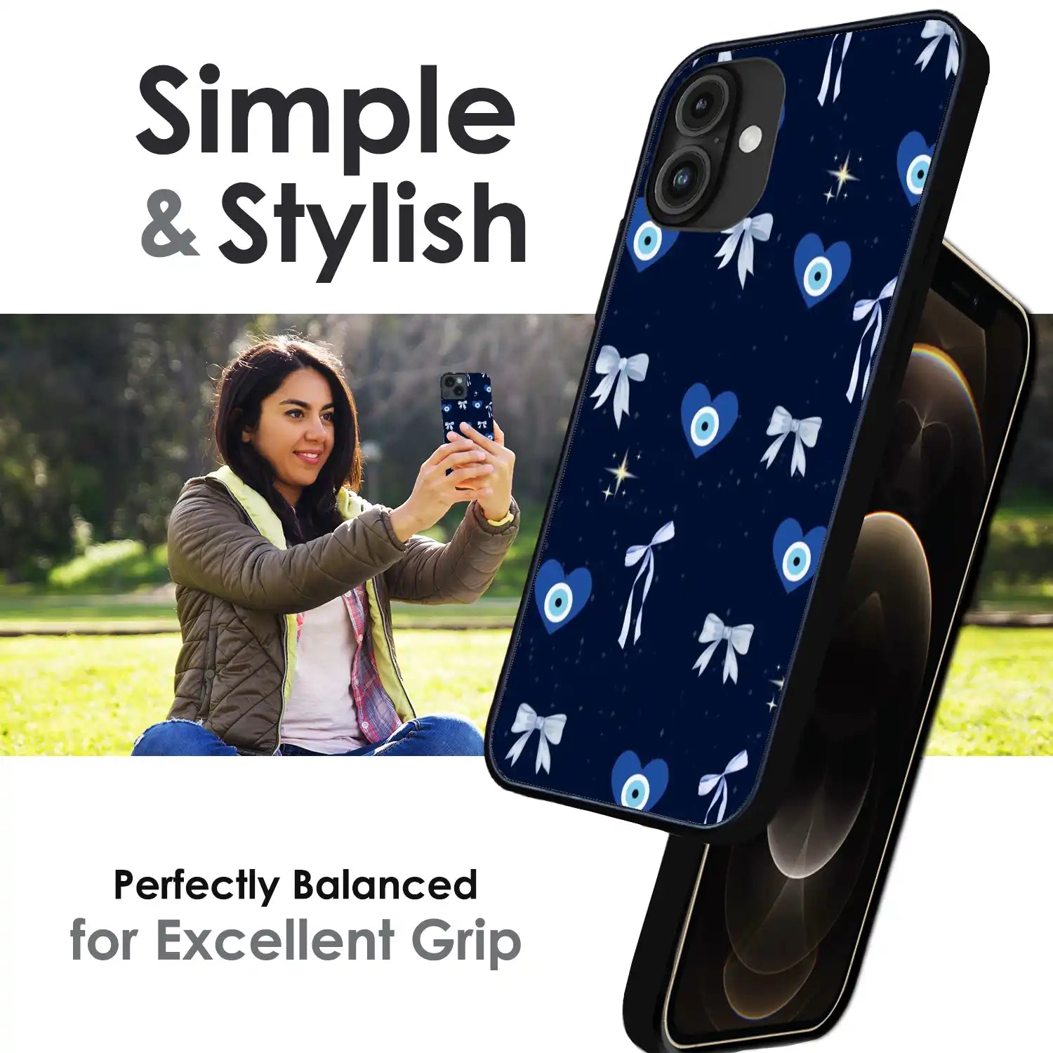 Evil Eye Bow Midnight - Glossy Metal Silicone Case For Apple iPhone Infographic