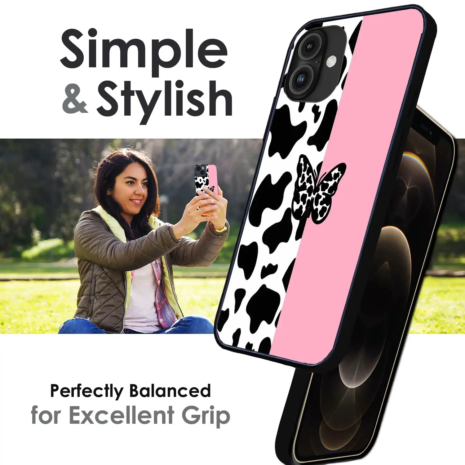 Cow Print Butterfly - Glossy Metal Silicone Case For Apple iPhone Infographic