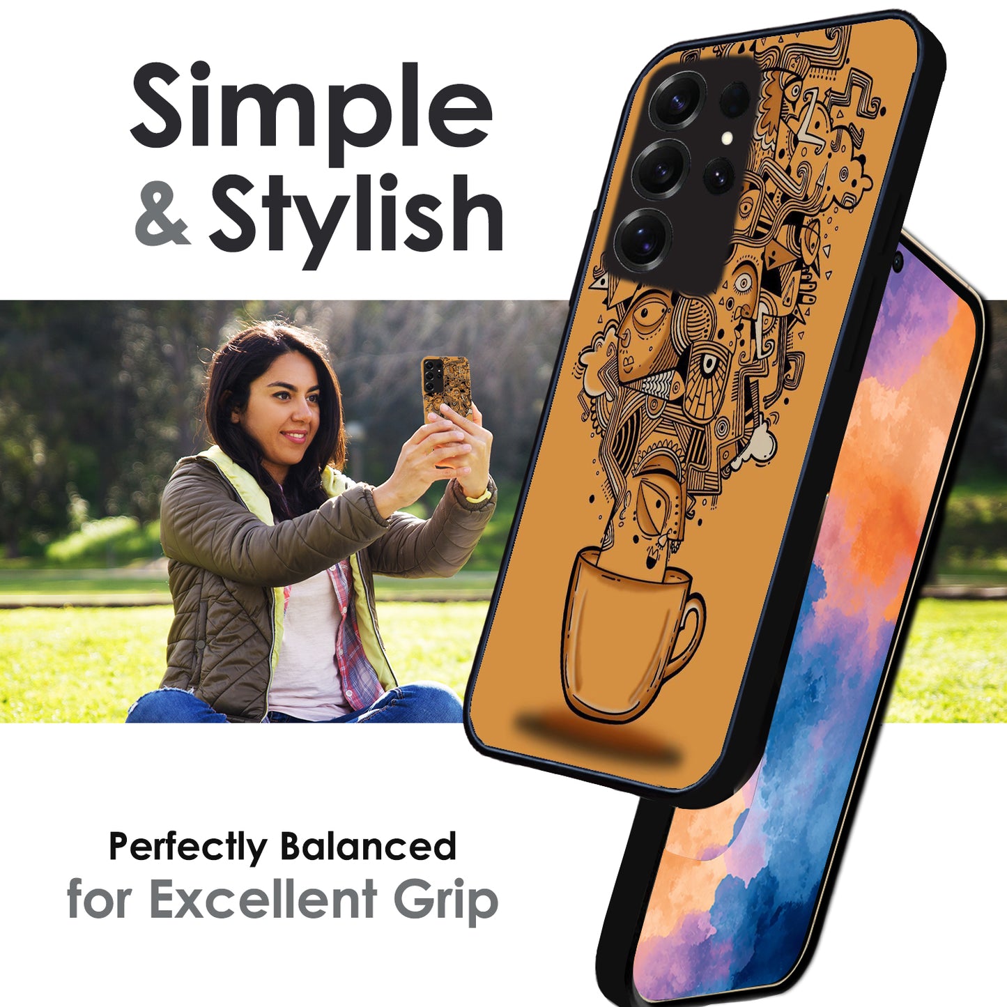 Abstract Coffee Doodle - Glossy Metal Silicone Cases for Samsung Models