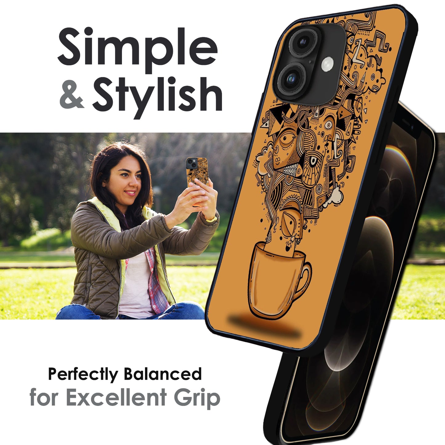 Abstract Coffee Doodle - Glossy Metal Silicone Cases for Apple iPhone