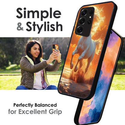 Majestic White Horse Sunset - Glossy Metal Silicone Cases for Samsung Models