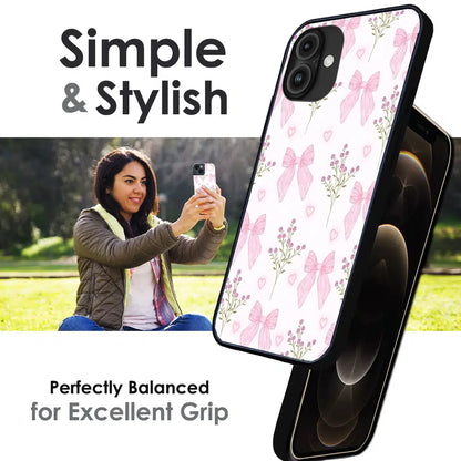 Pink Bow Floral Pattern - Glossy Metal Silicone Case For Apple iPhone Infographic