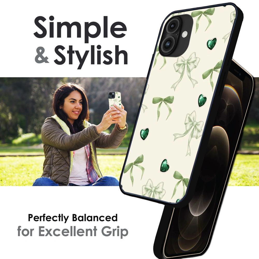 Elegant Green Bow & Heart Pattern - Glossy Metal Silicone Case For Apple iPhone Infographic