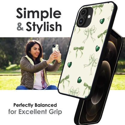 Elegant Green Bow & Heart Pattern - Glossy Metal Silicone Case For Apple iPhone Infographic