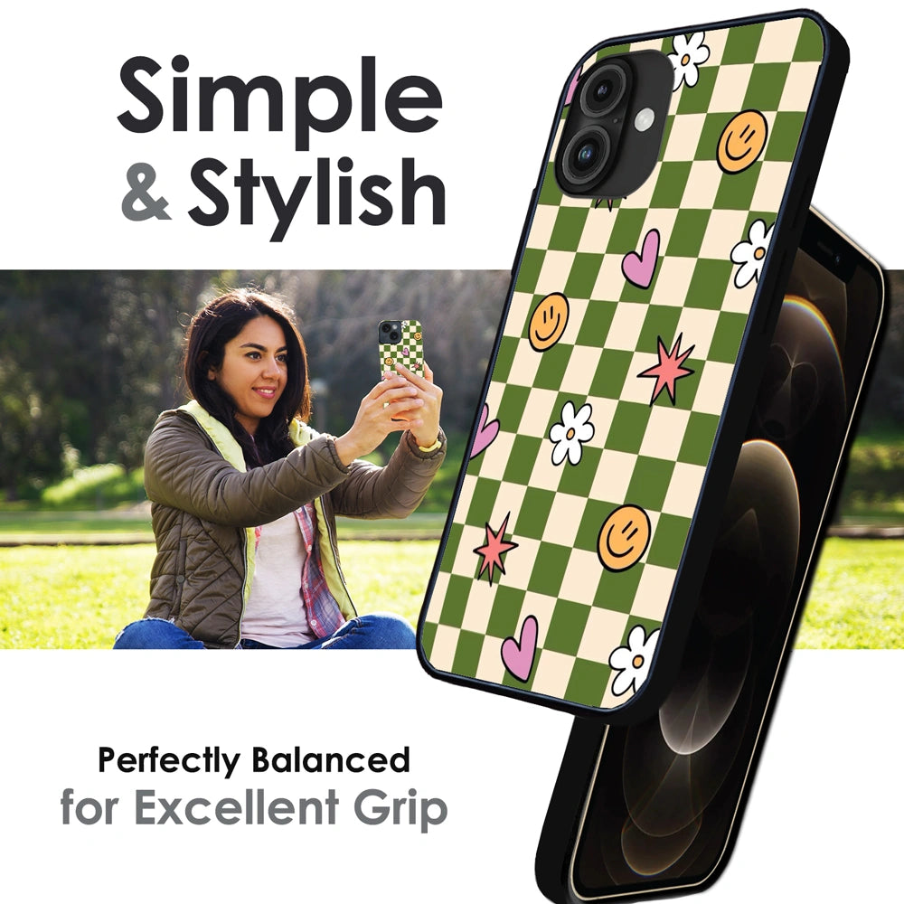 Checkerboard Smile Daisy Heart - Glossy Metal Silicone Case For Apple iPhone Infographic