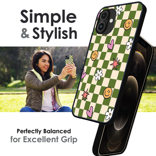 Checkerboard Smile Daisy Heart - Glossy Metal Silicone Case For Apple iPhone Infographic