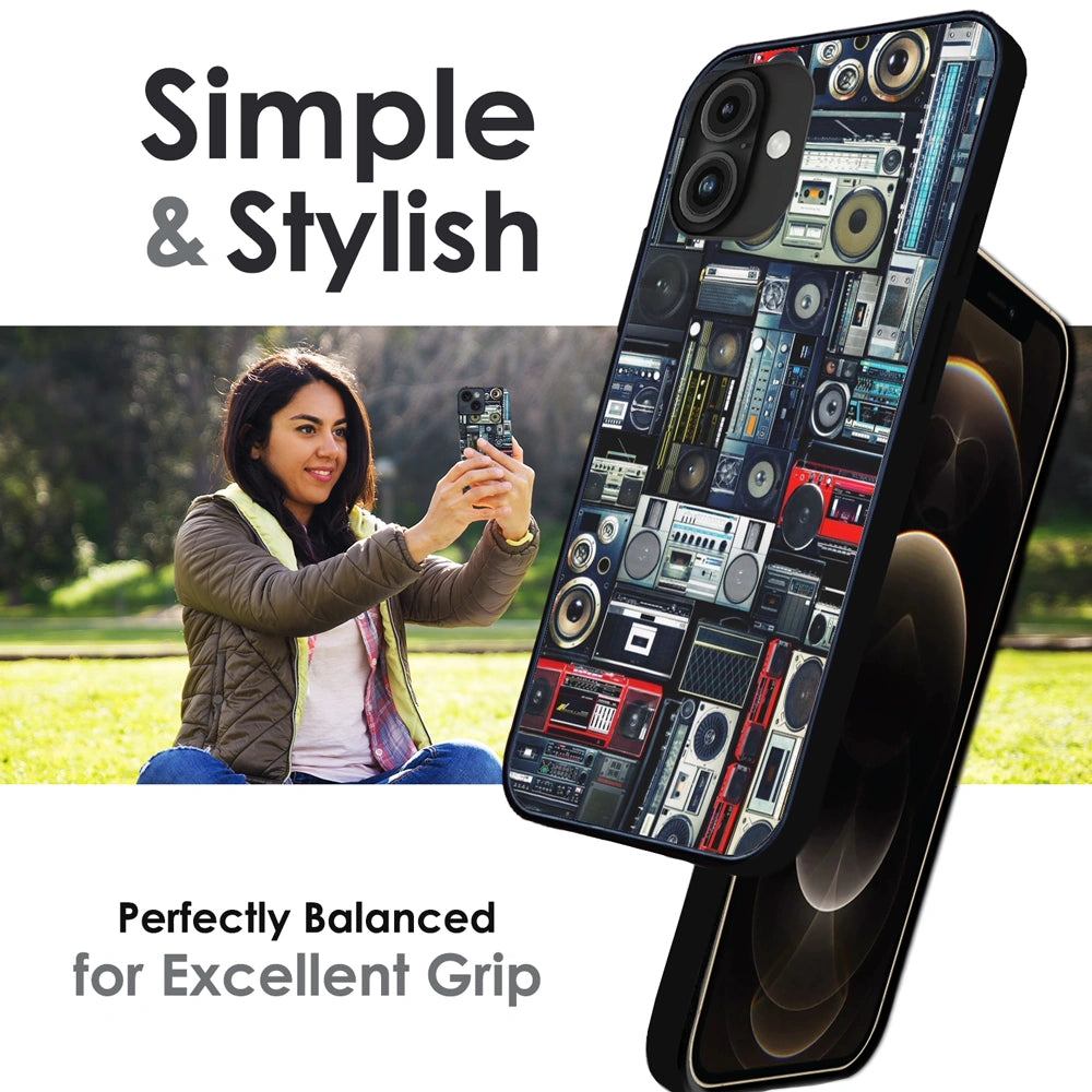 Retro Boombox Music Pattern - Glossy Metal Silicone Case For Apple iPhone Infographic