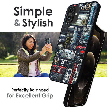 Retro Boombox Music Pattern - Glossy Metal Silicone Case For Apple iPhone Infographic
