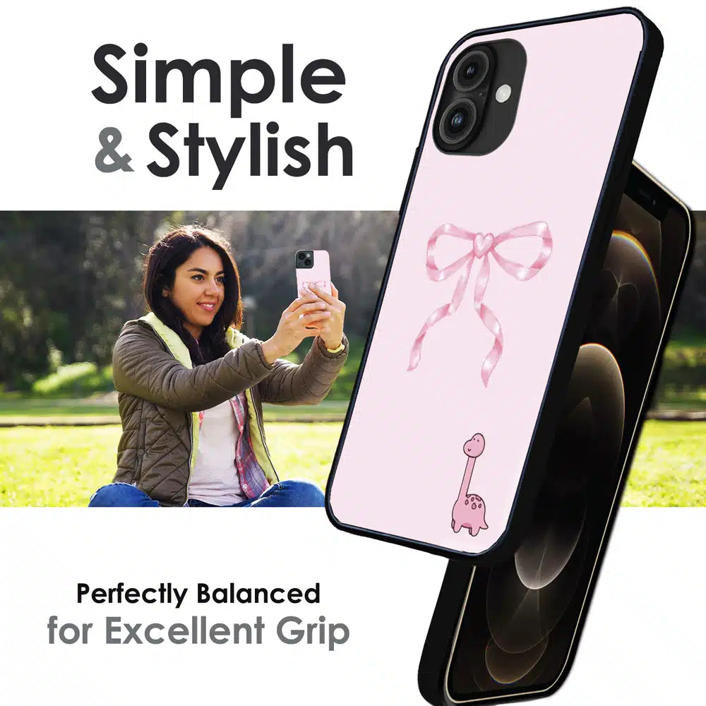 Cute Pink Dino Bow - Glossy Metal Silicone Case For Apple iPhone Infographic