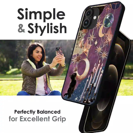 Celestial Moon Cat Art - Glossy Metal Silicone Case For Apple iPhone Infographic