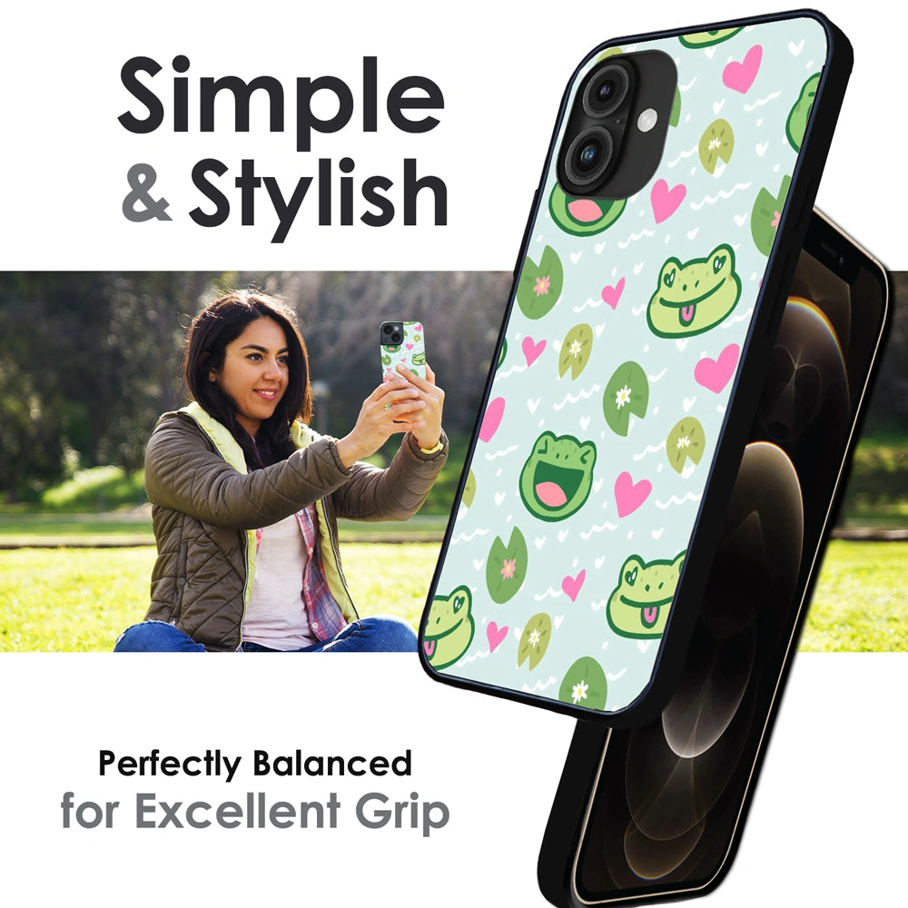 Cute Frog & Heart Pattern - Glossy Metal Silicone Case For Apple iPhone Infographic