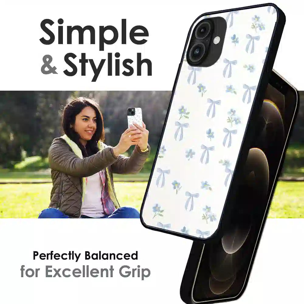 Soft Blue Bow Floral - Glossy Metal Silicone Case For Apple iPhone Infographic