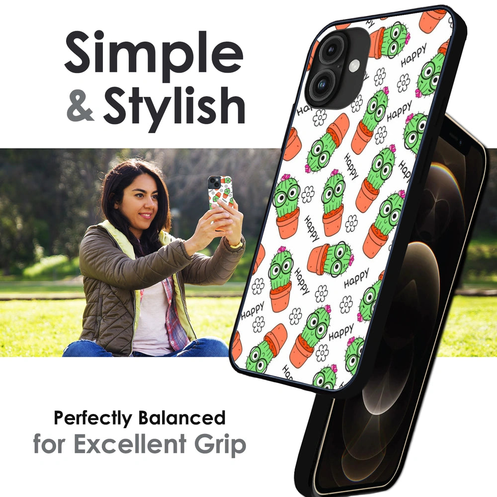Cute Cactus Happy - Glossy Metal Silicone Case For Apple iPhone Infographic