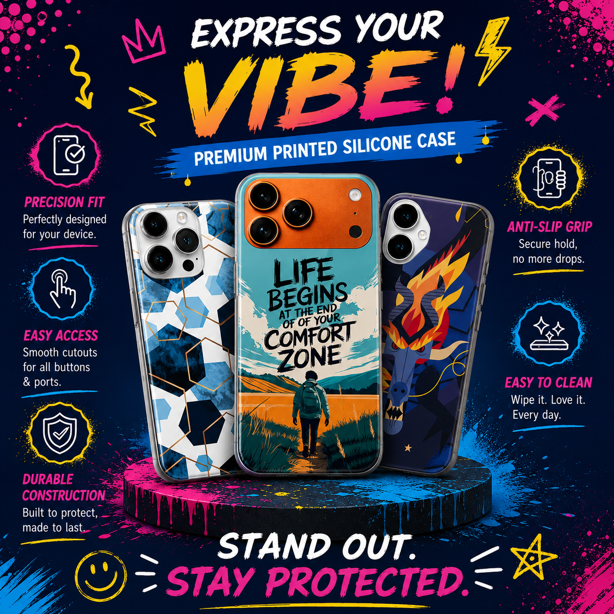 Printed silicone phone case collection showing anti-slip grip, precise cutouts, secure fit and durable protection features for Apple iPhone.